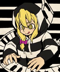 Rule 34 | 1girl, :q, alternate costume, black hoodie, blonde hair, blush, bow, bright pupils, closed mouth, commentary request, cookie (touhou), hair bow, highres, hood, hood up, hoodie, instrument, jijii (nicoseiga91467756), keyboard (instrument), kirisame marisa, long hair, long sleeves, parody, pink bow, scotch (cookie) (style), smile, solo, striped background, striped clothes, striped hoodie, style parody, tongue, tongue out, touhou, upper body, uzuki (cookie), white hoodie, white pupils, yellow eyes