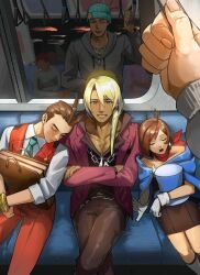 1girl 3boys ace_attorney apollo_justice apollo_justice:_ace_attorney black_dress black_pants blonde_hair brown_hair commentary_request crossed_arms crossed_legs dark-skinned_male dark_skin dress gloves hair_between_eyes highres klavier_gavin long_hair looking_at_viewer multiple_boys pants phoenix_wright reflection short_hair sitting sleeping smile train_interior trucy_wright unworn_headwear white_gloves yoru_tsuki12