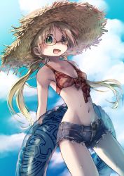 Rule 34 | 1girl, bikini, blonde hair, blue innertube, blue shorts, blush, breasts, cloud, cloudy sky, collarbone, denim, denim shorts, floating hair, glasses, green eyes, groin, hair between eyes, hat, holding, holding swim ring, innertube, long hair, low twintails, made in abyss, midriff, navel, open mouth, outdoors, red bikini, riko (made in abyss), short shorts, shorts, sky, small breasts, solo, standing, straw hat, sweat, swim ring, swimsuit, taira (zattairattt), twintails, very long hair