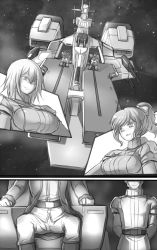 Rule 34 | 2girls, breasts, gundam, head out of frame, highres, ky@rgm-79r, large breasts, mecha, multiple girls, pilot suit, powered gm, robot, space, spacecraft, spacesuit, zeta gundam