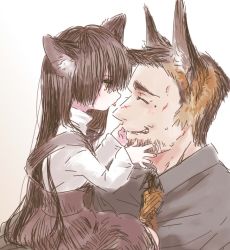 Rule 34 | 1boy, 1girl, :d, :p, ^ ^, age difference, animal ears, black shirt, blush, brown hair, brown necktie, brown skirt, cat ears, cat girl, chabi (amedama), child, closed eyes, collared shirt, dog ears, eyebrows, facial hair, facing another, fingernails, from side, hands on another&#039;s face, holding, jitome, licking, light brown hair, long hair, long sleeves, looking at another, mole, mole under eye, multicolored hair, necktie, nose, nostrils, open mouth, original, profile, scar, scar on face, shirt, sitting, sketch, skirt, smile, stubble, suspender skirt, suspenders, sweat, teeth, thick eyebrows, tongue, tongue out, turtleneck, two-tone background, upper body, very long hair, white background, white shirt, wing collar, yellow eyes, |d