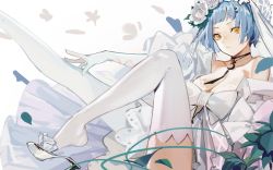 Rule 34 | 1girl, absurdres, argyle, argyle clothes, argyle gloves, bare shoulders, black choker, blue hair, blunt bangs, bow, choker, collarbone, crescent choker, dress, elbow gloves, flower, from side, funengliang jieheti, girls&#039; frontline, gloves, head wreath, high heels, highres, light smile, looking at viewer, official alternate costume, outstretched arm, outstretched leg, petals, rose, shoe dangle, short hair, sitting, solo, thighhighs, veil, wedding dress, white dress, white flower, white gloves, white rose, white thighhighs, white veil, yellow eyes, zas m21 (affections behind the bouquet) (girls&#039; frontline), zas m21 (girls&#039; frontline)