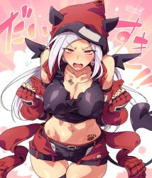 Rule 34 | 1girl, arai nobu, bare shoulders, belt, black gloves, black thighhighs, blush, breasts, chloe fleurage, cleavage, commentary request, covered erect nipples, dog tags, earrings, elbow gloves, fingerless gloves, gloves, hood, jewelry, long hair, looking at viewer, midriff, navel, necklace, original, purple eyes, red gloves, shorts, slit pupils, solo, sweat, tail, tattoo, teeth, thigh gap, thighhighs, white hair