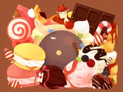 Rule 34 | :3, brown background, butter, cake, cake slice, candy, candy cane, cherry, chocolate, chocolate bar, chocolate covered strawberry, commentary request, creature, demon, deviruchi, endo mame, food, food focus, fruit, heart, ice cream, lollipop, macaron, mushroom, no humans, pancake, ragnarok online, simple background, spore (ragnarok online), strawberry, syrup, vanilmirth (ragnarok online), wrapped candy