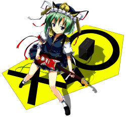 Rule 34 | 1girl, amplifier, blue eyes, cable, electric guitar, female focus, gotyou, green hair, guitar, hat, holding, holding plectrum, instrument, legs apart, plectrum, ribbon, shiki eiki, socks, solo, spread legs, standing, touhou, white background, white socks
