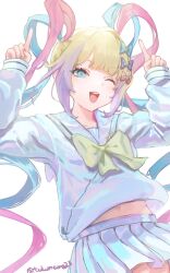 Rule 34 | 1girl, ;d, blonde hair, blue bow, blue eyes, blue hair, blue serafuku, blue shirt, blue skirt, bow, chouzetsusaikawa tenshi-chan, cowboy shot, hair bow, hands up, highres, holographic clothing, index fingers raised, internet yamero, long hair, long sleeves, looking at viewer, multicolored hair, multiple hair bows, needy girl overdose, one eye closed, open mouth, pink bow, pink hair, pleated skirt, pointing, pointing up, purple bow, purple hair, quad tails, sailor collar, school uniform, serafuku, shirt, simple background, skirt, smile, solo, standing, takuyan, twitter username, white background