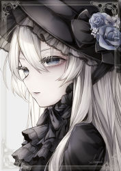 Rule 34 | 1girl, ascot, bad id, bad pixiv id, black ascot, black hat, blue eyes, blue flower, blue rose, border, chin strap, commentary, eyelashes, flower, hat, hat flower, highres, long hair, original, pale skin, parted lips, portrait, ringed eyes, rose, see-through, shiro yurine, signature, solo, white hair