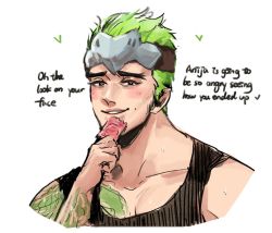 Rule 34 | 1boy, blush, condom, francishsie, genji (overwatch), green hair, looking at viewer, male focus, naughty face, overwatch, overwatch 1, smile, solo focus, sweat, tattoo, text focus, young genji