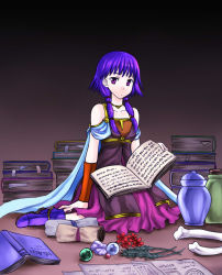 Rule 34 | 1girl, 74, ball, bare shoulders, blush, bone, book, boots, bracelet, cape, crystal ball, dress, female focus, fire emblem, fire emblem: the sacred stones, flower, indoors, jar, jewelry, long hair, lute (fire emblem), necklace, nintendo, open book, pink eyes, pot, purple eyes, purple hair, scroll, shoes, sitting, solo, twintails