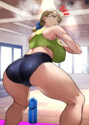 Rule 34 | !, !!, 1girl, ass, blonde hair, bottle, breasts, from behind, gym, gym shorts, highres, huge breasts, leaning forward, looking at viewer, looking back, shorts, solo, steam, sweat, tank top, yoshio (55level)