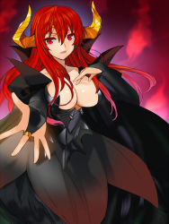 Rule 34 | 10s, 1girl, breasts, bridal gauntlets, cleavage, horns, jewelry, large breasts, long hair, maou (maoyuu), maoyuu maou yuusha, open mouth, orion (orionproject), outstretched hand, red eyes, red hair, ring, solo