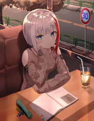 Rule 34 | 1girl, absurdres, admiral graf spee (azur lane), admiral graf spee (daily peaceful life) (azur lane), admiral graf spee (peaceful daily life) (azur lane), afe, aran sweater, azur lane, blue eyes, blush, breasts, cable knit, clothing cutout, cup, day, drinking glass, drinking straw, glasses, hair ornament, highres, indoors, long sleeves, looking at viewer, medium breasts, multicolored hair, pen, pencil, pencil case, red hair, road, road sign, short hair, shoulder cutout, sidewalk, sign, sitting, solo, streaked hair, street, sweater, table, tree, white hair