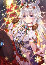 Rule 34 | 1girl, :t, ahoge, animal ears, artist name, black pantyhose, blue eyes, blurry, blurry background, center frills, chicken (food), christmas, christmas tree, closed mouth, commentary, cropped jacket, depth of field, eating, food, frilled skirt, frills, gloves, hair ornament, highres, holding, holding food, horse ears, horse girl, jacket, light particles, long hair, looking at viewer, miniskirt, night, nozomi fuuten, oguri cap (miraculous white star) (umamusume), oguri cap (umamusume), outdoors, pantyhose, plaid, plaid skirt, shirt, short sleeves, signature, silver hair, sitting, skirt, solo, star ornament, umamusume, white gloves, white jacket, white shirt, white skirt
