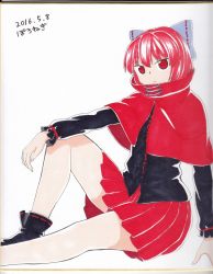 Rule 34 | 1girl, black footwear, black shirt, blouse, bow, capelet, closed mouth, dated, closed eyes, hair bow, long sleeves, looking at viewer, pleated skirt, poronegi, red capelet, red eyes, red hair, red skirt, scan, sekibanki, shirt, shoes, short hair, signature, sitting, skirt, solo, touhou, traditional media