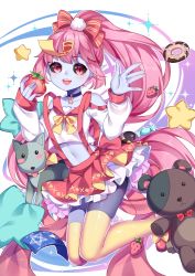 Rule 34 | 1girl, :d, absurdres, alternate costume, black sclera, blue skin, bow, candy, choker, chuor (chuochuoi), colored sclera, colored skin, dog, doughnut, eating, food, fruit, hair bow, hand up, highres, holding, holding stuffed toy, long hair, looking at viewer, navel, ofuda, onmyoji, open mouth, pink eyes, pink hair, pink skirt, ponytail, skirt, smile, solo, strawberry, stuffed animal, stuffed toy, teddy bear, thighhighs, tiaotiaomeimei, wrapped candy, yellow thighhighs