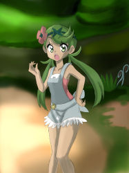 Rule 34 | 10s, 1girl, :o, bad id, bad pixiv id, bare arms, bare legs, bare shoulders, creatures (company), dark-skinned female, dark skin, flower, game freak, green eyes, green hair, hair flower, hair ornament, highres, kachikochi, looking at viewer, mallow (pokemon), matching hair/eyes, nintendo, open mouth, pokemon, pokemon sm, sleeveless, solo, trial captain, twintails