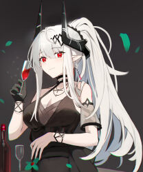 Rule 34 | 1girl, arknights, black choker, black gloves, bracelet, breasts, choker, chromatic aberration, cleavage, commentary, cup, detached sleeves, dress, earrings, falling petals, gloves, hair between eyes, hair ornament, highres, holding, holding cup, horns, jewelry, large breasts, long hair, looking at viewer, mudrock (arknights), mudrock (obsidian) (arknights), multico, necklace, official alternate costume, petals, pointy ears, ponytail, red eyes, sidelocks, single glove, sleeveless, sleeveless dress, solo, upper body, white hair