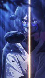 Rule 34 | 1girl, 5health, absurdres, asymmetrical hair, black hair, blue eyes, blurry, blurry foreground, braid, bright pupils, energy sword, f (star wars), film grain, floating, highres, hood, hood down, levitation, light particles, lightsaber, looking at viewer, mask, mouth mask, night, outdoors, robe, rock, short hair, solo, star wars, star wars: visions, sword, thick eyebrows, tree, tree shade, turtleneck, weapon