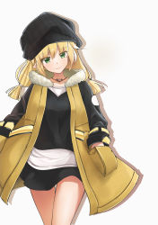 Rule 34 | 1girl, absurdres, am1m, black dress, black hat, blonde hair, character request, coat, dress, green eyes, hands in pockets, hat, highres, jewelry, long hair, looking at viewer, mabinogi, necklace, open clothes, open coat, player character (mabinogi), pointy ears, sash, simple background, smile, solo, thigh gap, white background, white sash, yellow coat
