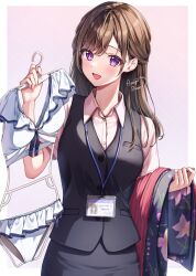 Rule 34 | 1girl, :d, amagi shino, artist name, blush, brown hair, clothes, commentary request, eyelashes, happy, highres, long hair, looking at viewer, office lady, open mouth, original, purple eyes, receptionist girl (amagi shino), shirt, signature, smile, solo, standing, twitter username
