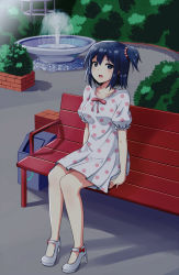 Rule 34 | 1girl, bench, black hair, blue hair, borrowed character, bow, bush, commentary, commission, dress, english commentary, fountain, full body, gazebo, high heels, highres, one side up, original, park bench, pink pow, polka dot, polka dot dress, puffy short sleeves, puffy sleeves, red bow, shie shoes, footwear bow, shoes, short hair, short sleeves, sitting, solo, white dress, yoshiiaki