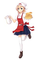 Rule 34 | 1girl, :q, apron, bad id, bad pixiv id, blonde hair, blue eyes, blue skirt, bottle, brown footwear, butter, food, full body, hat, jug (bottle), looking at viewer, mijinko (rioriorio), morinaga (brand), original, pancake, plate, print headwear, shirt, shoes, short hair, skirt, smile, solo, standing, standing on one leg, syrup, thighhighs, tongue, tongue out, whisk, white background, white hat, white shirt, white thighhighs