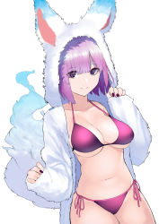 Rule 34 | 1girl, absurdres, aka shiro kiiro, alternate costume, animal costume, bad id, bad pixiv id, bikini, breasts, cosplay, cowboy shot, fate/grand order, fate (series), fou (fate), fou (fate) (cosplay), highres, hood, hood up, large breasts, long sleeves, mash kyrielight, nail polish, navel, open clothes, purple bikini, purple eyes, purple hair, short hair, side-tie bikini bottom, simple background, smile, solo, standing, swimsuit, white background