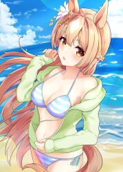 Rule 34 | 1girl, absurdres, alternate costume, animal ears, bare shoulders, beach, bikini, blue bikini, blue sky, blush, braid, breasts, chestnut mouth, cleavage, cloud, cloudy sky, commentary request, cowboy shot, french braid, green hoodie, hair between eyes, highres, hood, hood down, hoodie, horse ears, horse girl, horse tail, lens flare, long sleeves, looking at viewer, medium breasts, multicolored hair, navel, ocean, outdoors, partially unzipped, sand, satono diamond (umamusume), side-tie bikini bottom, sky, solo, streaked hair, striped bikini, striped clothes, sunny (20597521), swimsuit, tail, umamusume, white hair, yellow eyes
