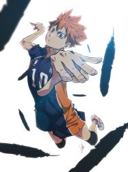 Rule 34 | 1boy, arm up, black feathers, brown eyes, dripping, feathers, fingernails, grey footwear, haikyuu!!, hair between eyes, highres, hinata shouyou, jumping, knee pads, looking at viewer, male focus, orange hair, parted lips, shoes, simple background, sneakers, solo, sweat, white background, yasu (pixiv)