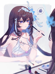 Rule 34 | 1girl, absurdres, applying makeup, bare shoulders, breasts, chinese commentary, closed mouth, commentary request, grey background, hair ornament, highres, holding, holding brush, honkai (series), honkai impact 3rd, long hair, looking at mirror, makeup brush, medium breasts, mirror, purple eyes, purple hair, reflection, seele vollerei, seele vollerei (herrscher of rebirth), silence (pixiv18541142), solo, spoken squiggle, squiggle
