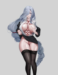 Rule 34 | 1girl, absurdres, alternate costume, areola slip, bdsm, blue eyes, bondage, bound, braid, breasts, breasts apart, cleft of venus, commentary, covered erect nipples, english commentary, feet out of frame, formal, gcg, genshin impact, grey background, grey hair, hair over one eye, highres, large areolae, large breasts, lifting own clothes, long hair, looking at viewer, low-braided long hair, low-tied long hair, miniskirt, navel, no bra, no panties, one eye covered, shenhe (genshin impact), sidelocks, skindentation, skirt, solo, tassel, thighhighs, very long hair, white hair