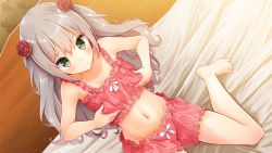 Rule 34 | 1girl, artist request, artwhirl mahou gakuen no otome-tachi, bare arms, bare legs, barefoot, bed sheet, blush, closed mouth, cosette (artwhirl), dutch angle, flower, frilled shorts, frills, frown, game cg, green eyes, groin, hair between eyes, hair flower, hair ornament, long hair, manatsuki manata, midriff, navel, pink shorts, red flower, red rose, rose, short shorts, shorts, silver hair, sitting, solo, stomach, underwear, underwear only, very long hair, wariza