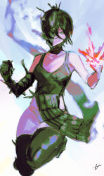 Rule 34 | 1girl, absurdres, bare shoulders, bright pupils, chainsaw man, closed mouth, collarbone, drawing alpaca, elbow gloves, explosion, gloves, green eyes, green gloves, green hair, green thighhighs, highres, mask, reze (chainsaw man), short hair, signature, single elbow glove, single glove, sketch, smile, solo, thighhighs, torn, torn clothes, white pupils