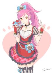 Rule 34 | 1girl, aikatsu! (series), box, choker, collarbone, dress, fingerless gloves, gift, gloves, happy valentine, heart-shaped box, holding, holding gift, lightning bolt necklace, long hair, looking at viewer, orange eyes, otoshiro seira, pink hair, ponytail, red dress, red gloves, shiman, short sleeves, sketch, smile, solo, thighhighs