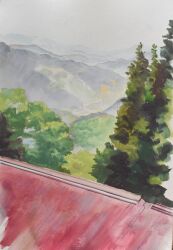 Rule 34 | absurdres, building, grass, grey sky, highres, hill, mountain, mountainous horizon, no humans, original, painting (medium), pine tree, rooftop, s3 lmm, scenery, sky, tin roof, traditional media, tree