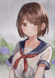 Rule 34 | 1girl, absurdres, blue sailor collar, blurry, blurry background, blush, brown eyes, brown hair, closed eyes, collarbone, crying, crying with eyes open, depth of field, frown, highres, looking at viewer, neckerchief, original, outdoors, rain, red neckerchief, sailor collar, school uniform, see-through, serafuku, shirt, short hair, short sleeves, solo, swept bangs, syatihoko, tears, transparent, transparent umbrella, umbrella, upper body, water, wet, wet clothes, wet shirt, white shirt