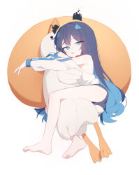 Rule 34 | 1girl, absurdres, barefoot, black hair, blue eyes, blue hair, blue shorts, clothes writing, clothing cutout, commission, doribae, fang, hair ornament, highres, long hair, long sleeves, looking at viewer, lying, multicolored hair, on side, original, parted lips, short shorts, shorts, shoulder cutout, simple background, solo, stuffed animal, stuffed duck, stuffed toy, very long hair, white background