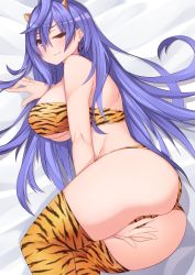 Rule 34 | absurdres, animal ears, animal print, ass, back, back muscles, bandeau, bare shoulders, between legs, bikini, blush, breasts, dura, earrings, embarrassed, eyes visible through hair, flustered, hair between eyes, hand between legs, highres, horns, iris heart, jewelry, large breasts, long hair, looking at viewer, lying, multicolored clothes, multicolored swimsuit, neptune (series), on bed, on side, one eye closed, pink eyes, print bikini, print clothes, print legwear, print swimsuit, purple hair, pururut, swimsuit, thighhighs, thighs, tiger print, tiger striped bikini, tiger striped clothes, tiger stripes