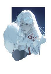 Rule 34 | 1boy, crescent, crescent facial mark, eyeliner, facial mark, forehead mark, inuyasha, japanese clothes, long hair, makeup, male focus, pointy ears, portrait, sesshoumaru, solo, spikes, whisker markings, white hair, yellow eyes, zzzi gn