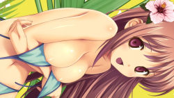 Rule 34 | 1girl, areola slip, bikini, breasts, brown hair, cleavage, flower, hair flower, hair ornament, hanging breasts, happy, highres, koutaro, large breasts, long hair, navel, open mouth, original, purple eyes, smile, solo, swimsuit