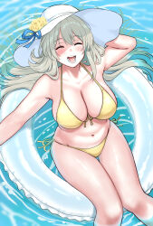 Rule 34 | 1girl, ^ ^, arm up, armpits, bikini, blue archive, blush, breasts, cabin (aean7232), cleavage, closed eyes, collarbone, feet out of frame, hair spread out, hat, highres, large breasts, light brown hair, navel, nonomi (blue archive), nonomi (swimsuit) (blue archive), official alternate costume, on innertube, refraction, side-tie bikini bottom, sitting, smile, solo, string bikini, sun hat, swimsuit, thigh gap, white hat, yellow bikini
