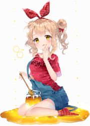 Rule 34 | 1girl, :q, bad id, bad twitter id, blonde hair, blush, bow, closed mouth, clothes writing, commentary, double bun, english text, full body, hair bow, hair bun, hand up, hexagon, honey, honey dipper, honeypot, liby (libtnvd), original, overalls, red shirt, red socks, shirt, short sleeves, sitting, socks, solo, striped bow, striped clothes, striped socks, tongue, tongue out, wariza, wavy hair, yellow eyes