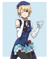 Rule 34 | 10s, ;), bare shoulders, beret, black pantyhose, blonde hair, blue background, border, braid, cosplay request, cup, darjeeling (girls und panzer), emblem, flower, french braid, girls und panzer, hand on own cheek, hand on own face, hat, necktie, one eye closed, outside border, pantyhose, plaid, plaid skirt, ree (re-19), rose, short hair, skirt, smile, solo, st. gloriana&#039;s (emblem), teacup, white border