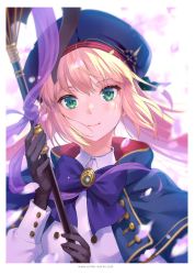 Rule 34 | 1girl, artoria caster (fate), artoria caster (second ascension) (fate), artoria pendragon (fate), beret, black gloves, blonde hair, blue bow, blue cape, blue capelet, blue hat, blush, bow, breasts, brown hair, buttons, cape, capelet, closed mouth, commentary request, falling petals, fate/grand order, fate (series), flower, gloves, green eyes, hair ornament, hat, highres, holding, holding staff, long hair, long sleeves, looking at viewer, medium breasts, nishimura eri, petals, pink flower, smile, solo, staff, upper body