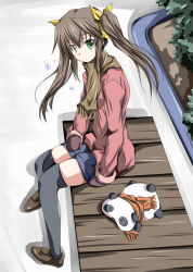 Rule 34 | 10s, 1girl, brown hair, gloves, green eyes, hair ribbon, huang lingyin, infinite stratos, long hair, mister (black and white), ribbon, scarf, sitting, solo, thighhighs, twintails