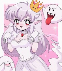 Rule 34 | 1990s (style), 1girl, absurdres, blush, boo (mario), breasts, chellyko, choker, cleavage, collarbone, covering own eyes, crown, dress, earrings, embarrassed, ghost, gloves, grey hair, highres, jewelry, large breasts, long hair, looking at viewer, luigi&#039;s mansion, mario (series), new super mario bros. u deluxe, nintendo, open mouth, personification, pink background, pointy ears, princess king boo, puffy sleeves, red eyes, retro artstyle, sharp teeth, short sleeves, smile, sparkle, super crown, teeth, tongue, tongue out, white dress, white gloves