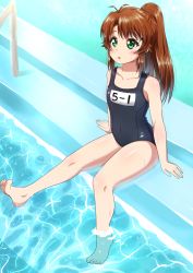 Rule 34 | 1girl, :o, absurdres, antenna hair, bad id, bad pixiv id, bare arms, bare legs, bare shoulders, barefoot, blush, brown hair, clothes writing, diffraction spikes, dripping, full body, green eyes, highres, koshigaya komari, leg up, long hair, mukuba, non non biyori, one-piece swimsuit, open mouth, ponytail, pool, pool ladder, poolside, school swimsuit, sitting, soaking feet, solo, sparkle, swimsuit, water