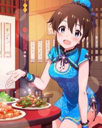 Rule 34 | 10s, 1girl, :d, blue eyes, blush, brown hair, china dress, chinese clothes, dress, food, hair bun, idolmaster, idolmaster million live!, looking at viewer, musical note, official art, open mouth, quipao, satake minako, single hair bun, smile, solo, sparkle