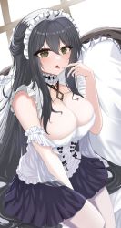 Rule 34 | 1girl, absurdly long hair, absurdres, azur lane, breasts, eyes visible through hair, frilled pillow, frills, green eyes, highres, indomitable (azur lane), indomitable (ms. motivationless maid) (azur lane), large breasts, long hair, looking at viewer, maid, official alternate costume, pillow, pleated skirt, purple skirt, skirt, sleeveless, slqnsdl, solo, tongue, tongue out, very long hair