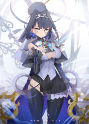 Rule 34 | 1girl, absurdres, asymmetrical clothes, bare shoulders, black hair, black thighhighs, blade, blue bow, blue eyes, blue hair, bow, bow earrings, breasts, chain, clock, clothing cutout, detached sleeves, earrings, hair intakes, hand on own chest, heart, highres, hololive, hololive english, jewelry, large breasts, long sleeves, looking at viewer, namishiron, ouro kronii, ouro kronii (1st costume), pinstripe pattern, puffy long sleeves, puffy sleeves, short hair, solo, striped, thighhighs, underboob cutout, veil, virtual youtuber, zipper